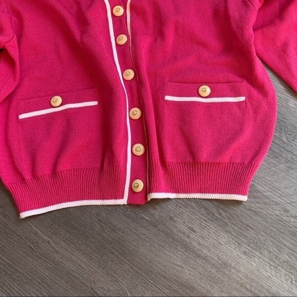 St. John Pink Cardigan Sweater Women’s M Gold Buttons Contrast Trim Preppy - Picture 6 of 10